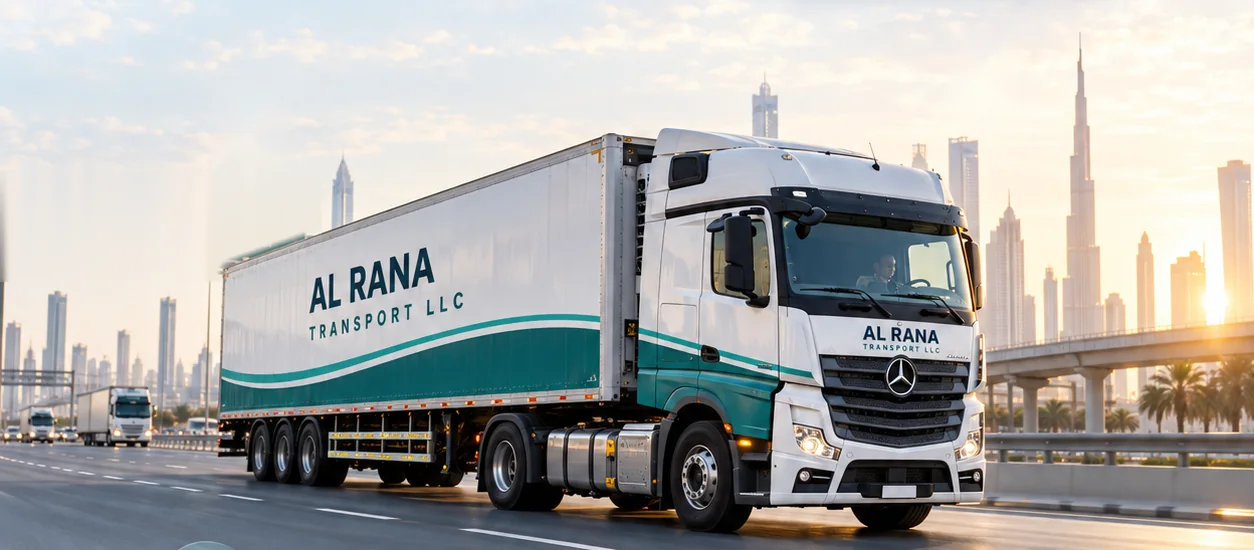 Al Rana Transport truck driving on a highway at sunrise